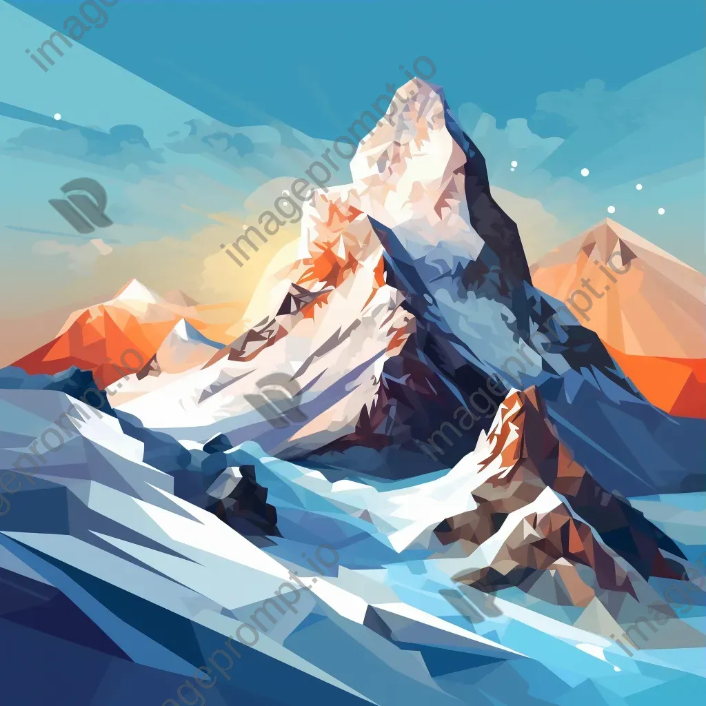 Low poly depiction of a majestic snowy mountain peak with icy cliffs and swirling snowflakes - Image 3