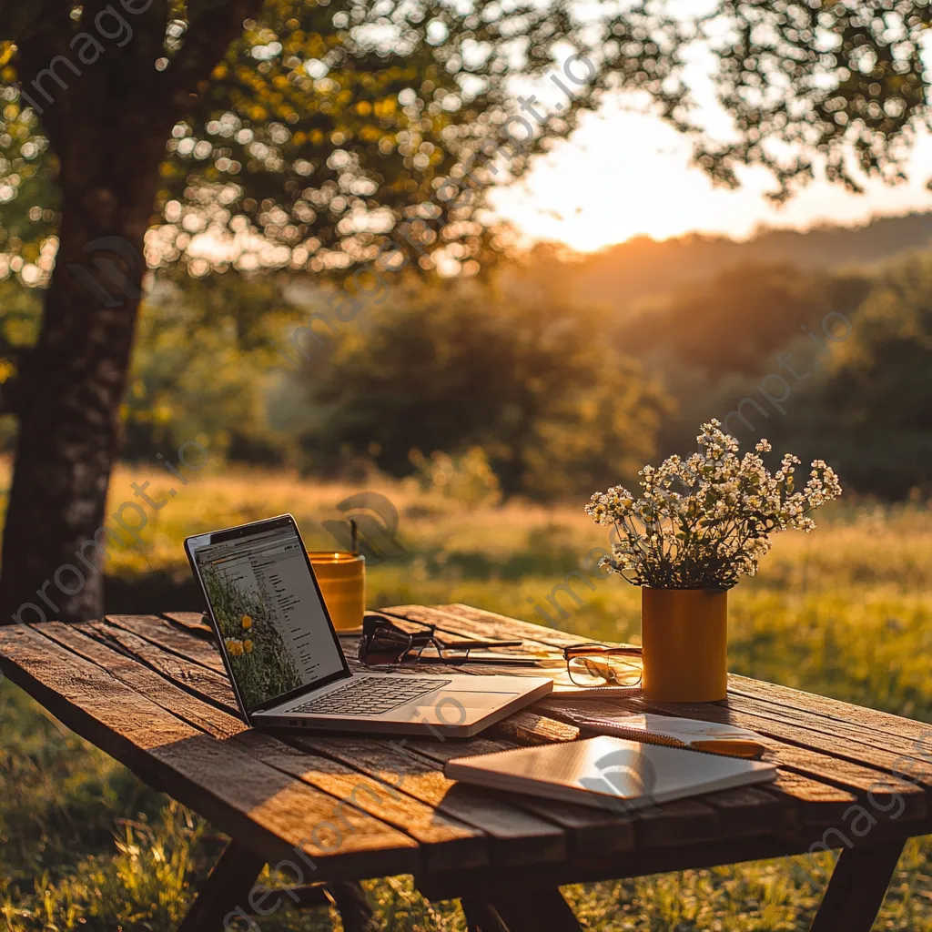 Laptop and notebook on a picnic table in a serene outdoor setting. - Image 1