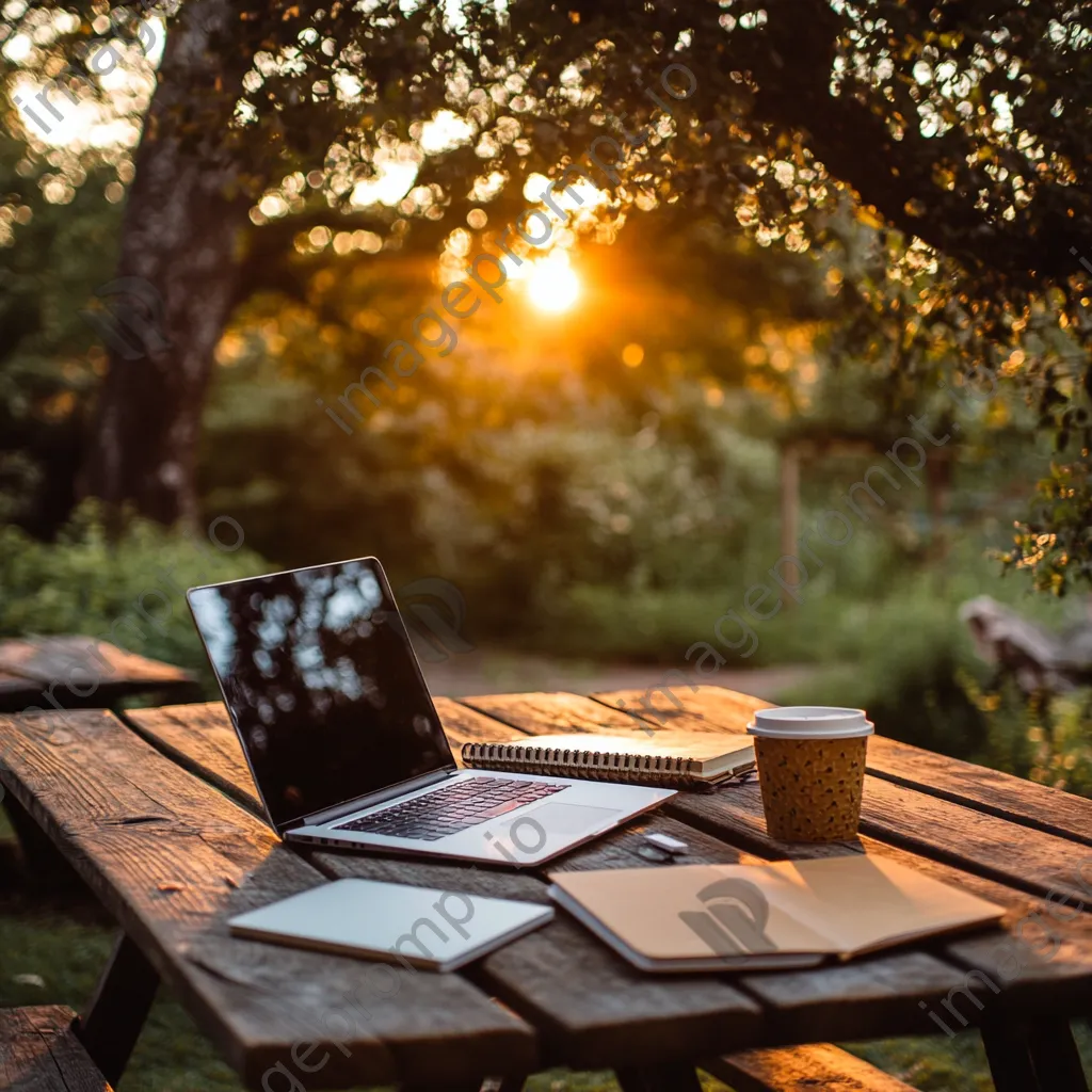 Laptop and notebook on a picnic table in a serene outdoor setting. - Image 2