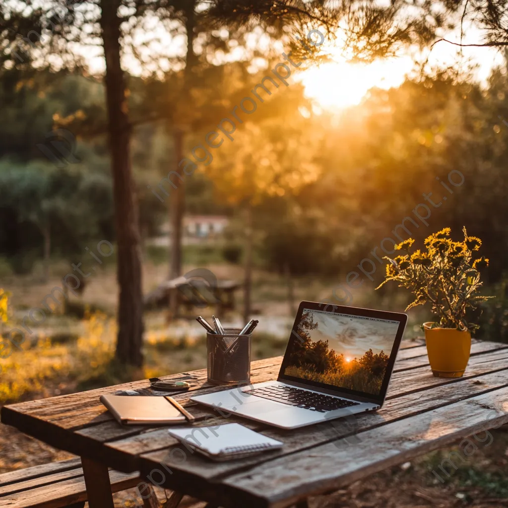 Laptop and notebook on a picnic table in a serene outdoor setting. - Image 3