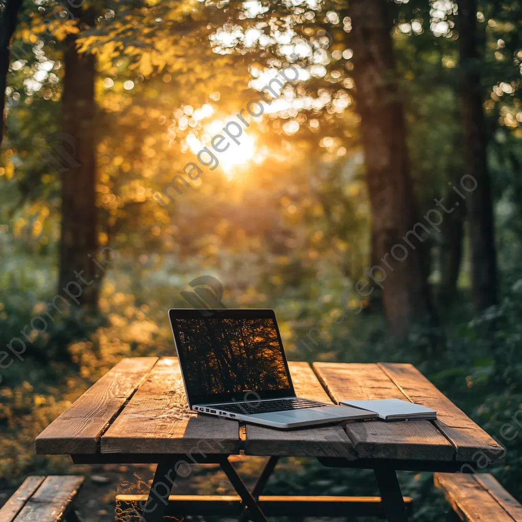 Laptop and notebook on a picnic table in a serene outdoor setting. - Image 4