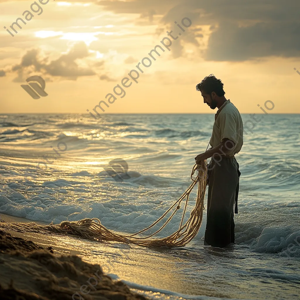 Rope maker crafting nautical ropes on the beach - Image 1