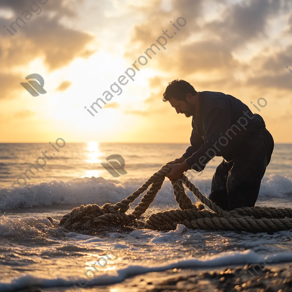 Rope maker crafting nautical ropes on the beach - Image 4