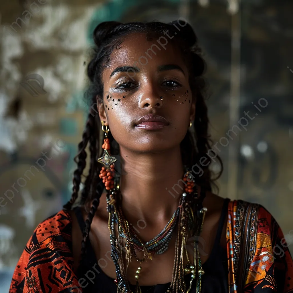 Young adult wearing cultural jewelry in an urban setting - Image 3