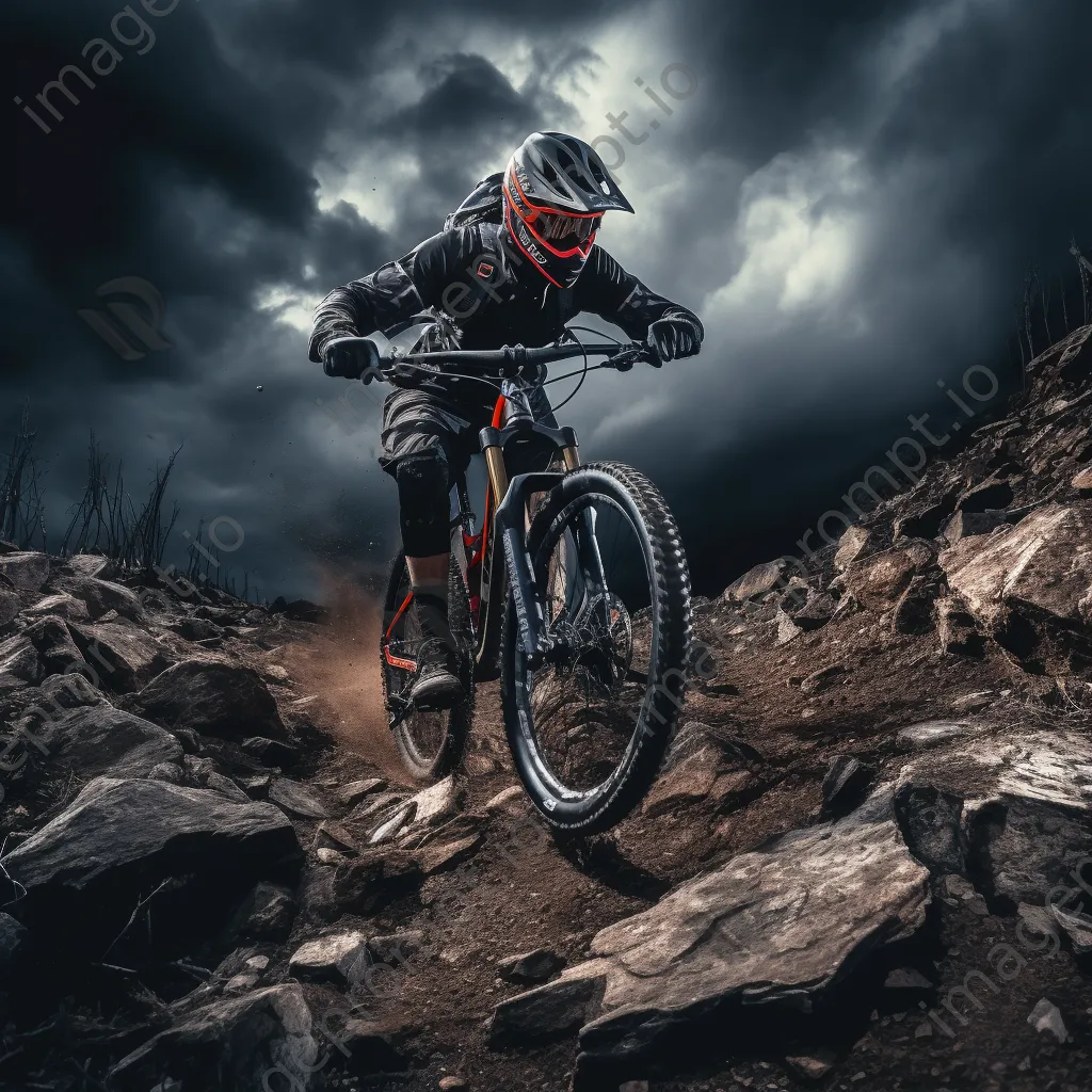 Mountain biker riding through rocky terrain with dark storm clouds above. - Image 1