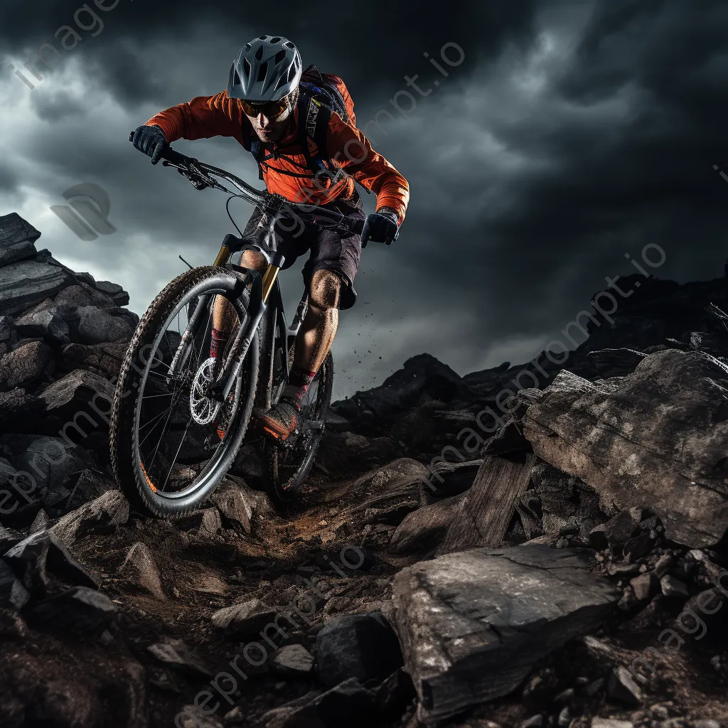 Mountain biker riding through rocky terrain with dark storm clouds above. - Image 2