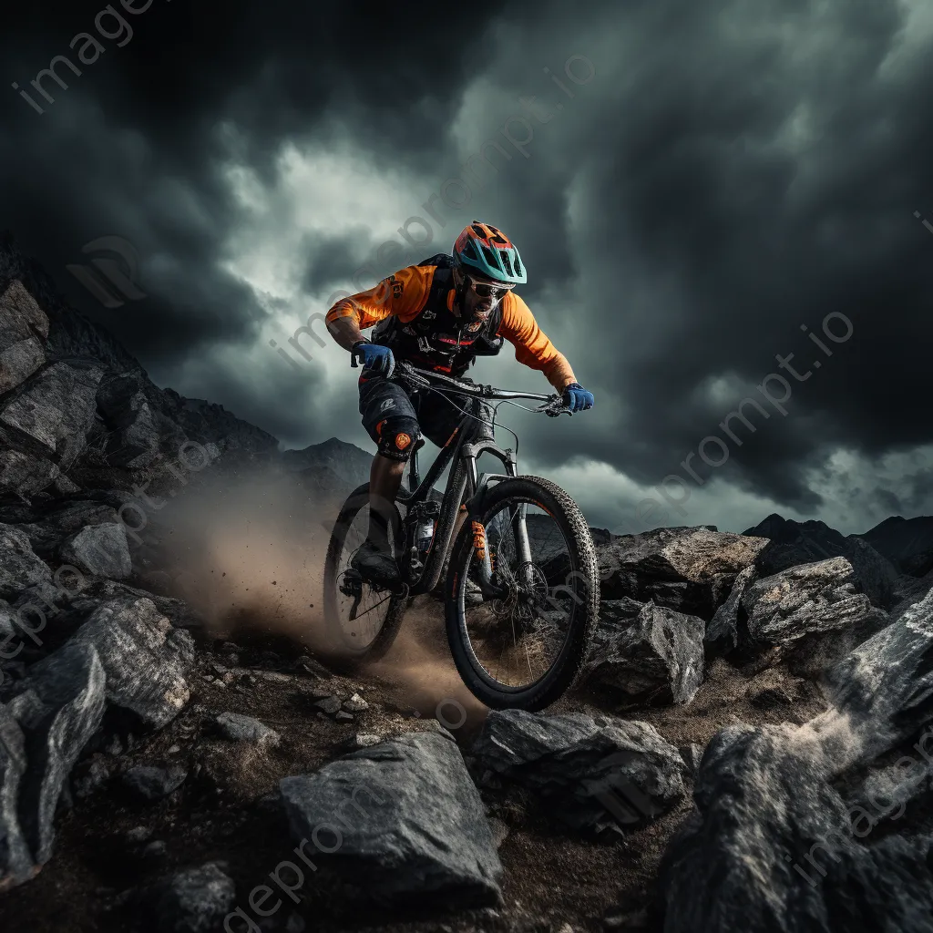 Mountain biker riding through rocky terrain with dark storm clouds above. - Image 3