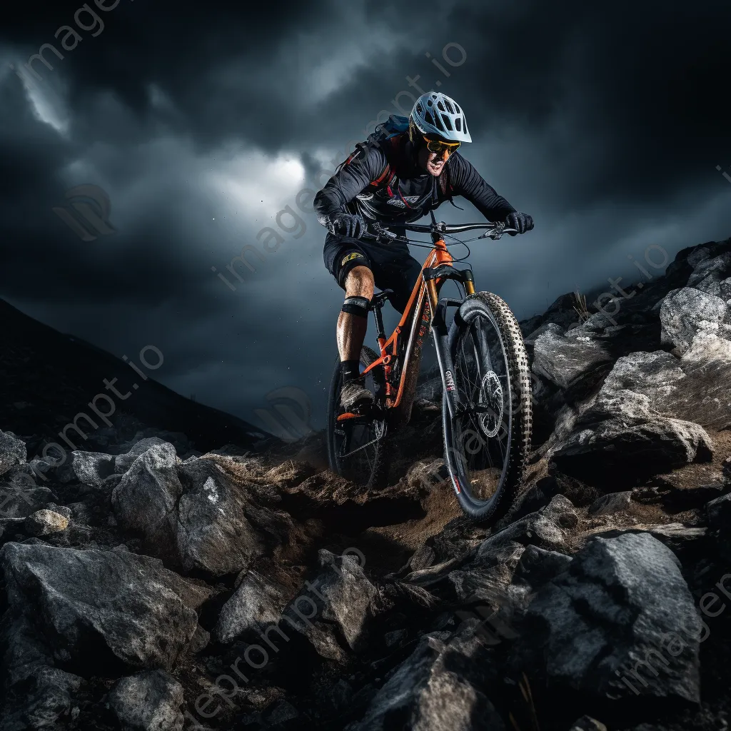 Mountain biker riding through rocky terrain with dark storm clouds above. - Image 4