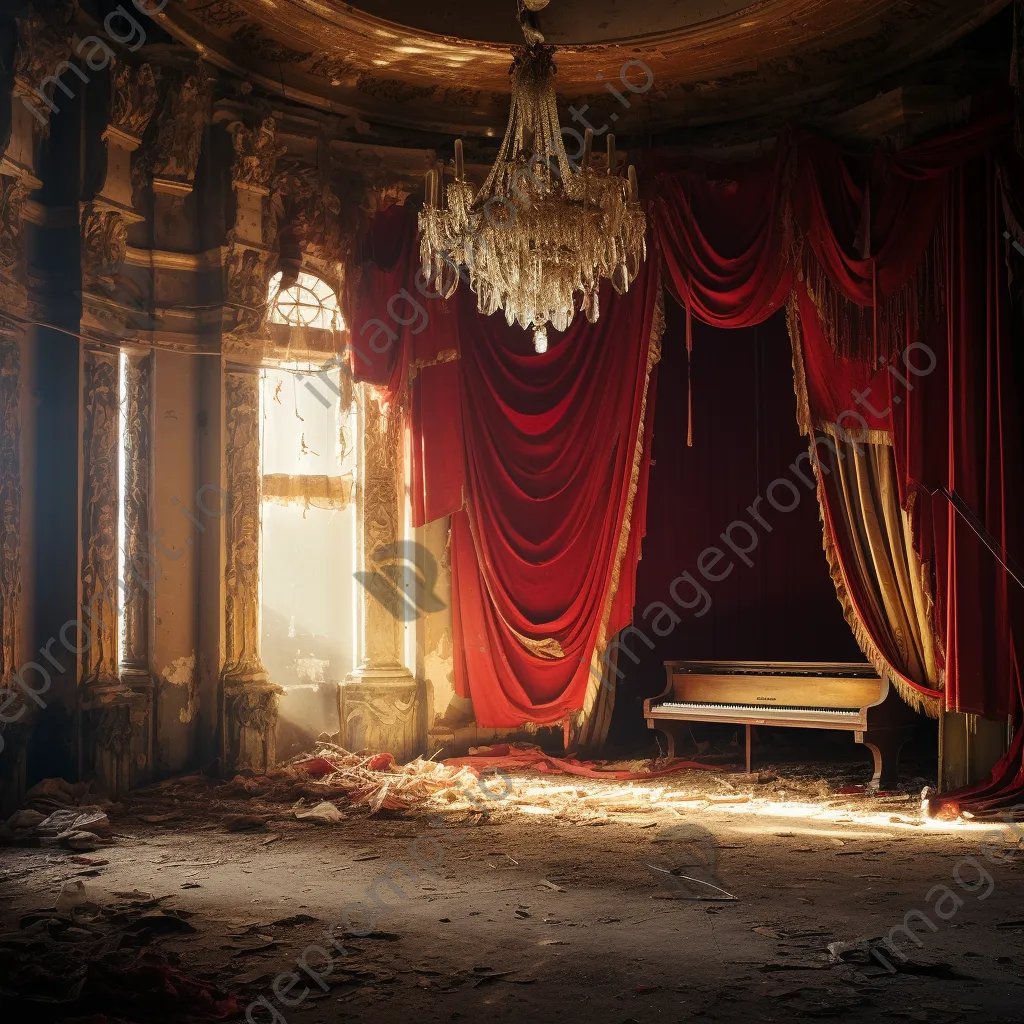 Ruined music hall with torn curtains and broken chandeliers illuminated by sunlight - Image 1