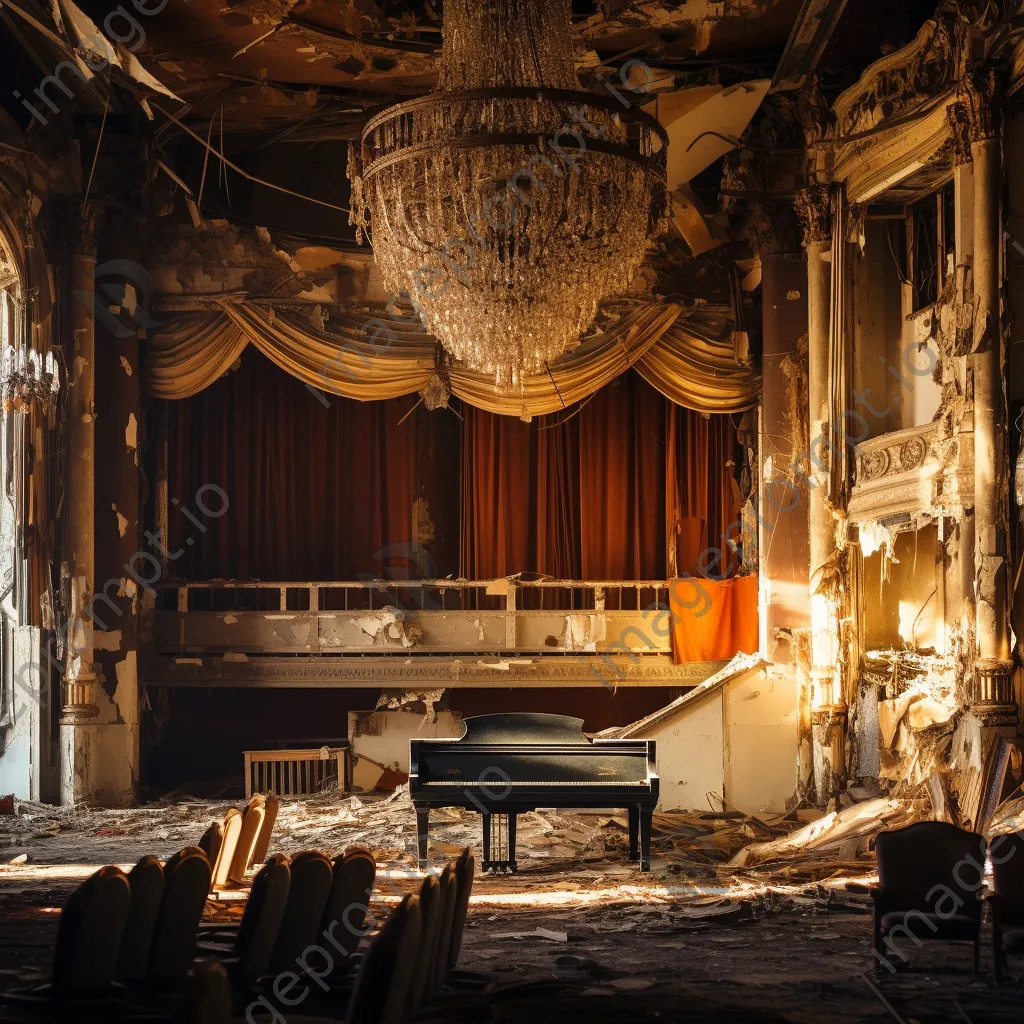 Ruined music hall with torn curtains and broken chandeliers illuminated by sunlight - Image 2