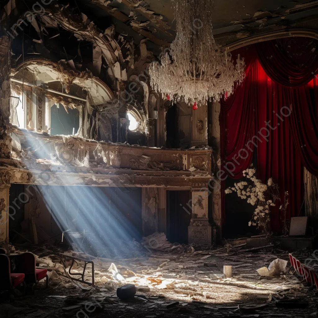 Ruined music hall with torn curtains and broken chandeliers illuminated by sunlight - Image 3