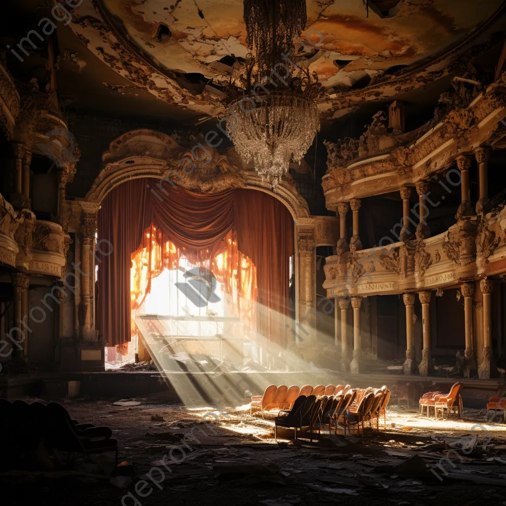 Ruined music hall with torn curtains and broken chandeliers illuminated by sunlight - Image 4