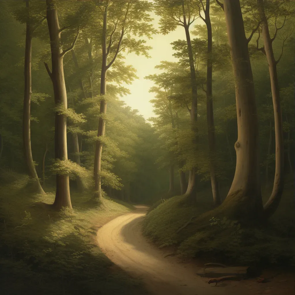 Winding path through sunlit forest in magical countryside - Image 3