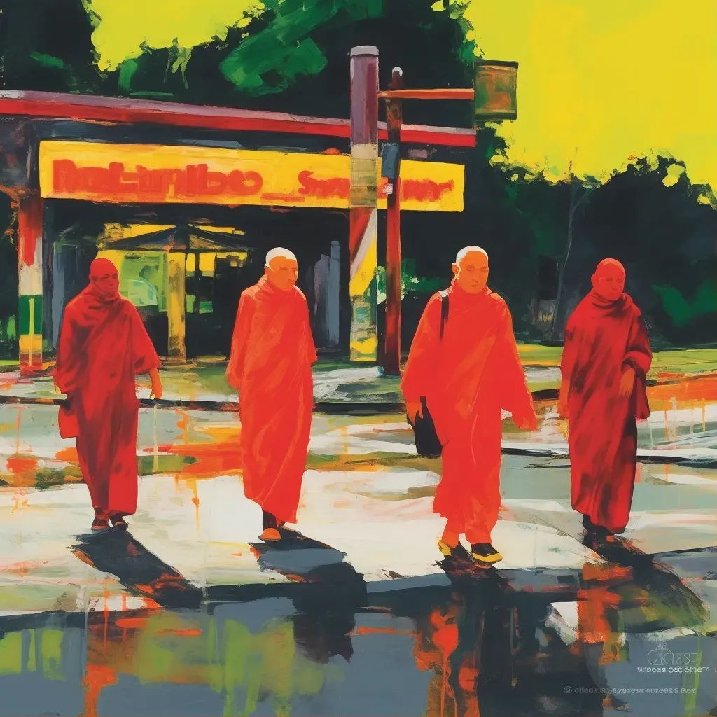 Image of monks near a fast food billboard - Image 1