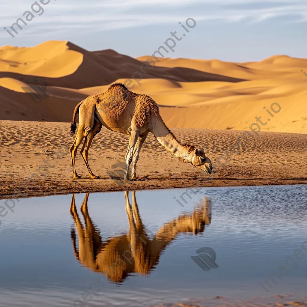 Camel drinking water from an oasis in the desert - Image 1