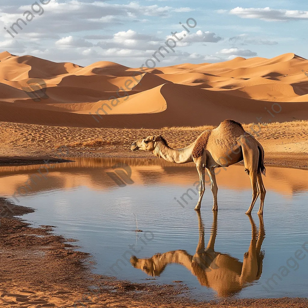 Camel drinking water from an oasis in the desert - Image 2