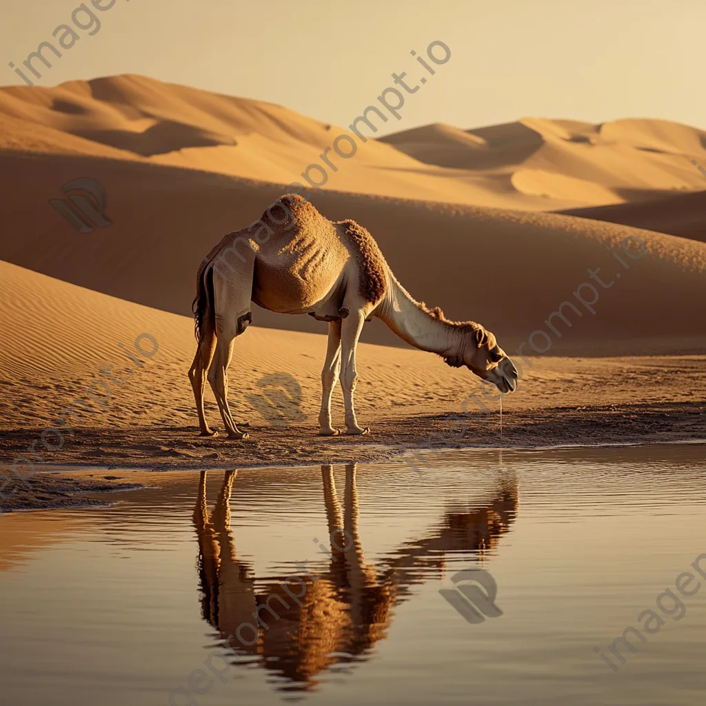 Camel drinking water from an oasis in the desert - Image 3