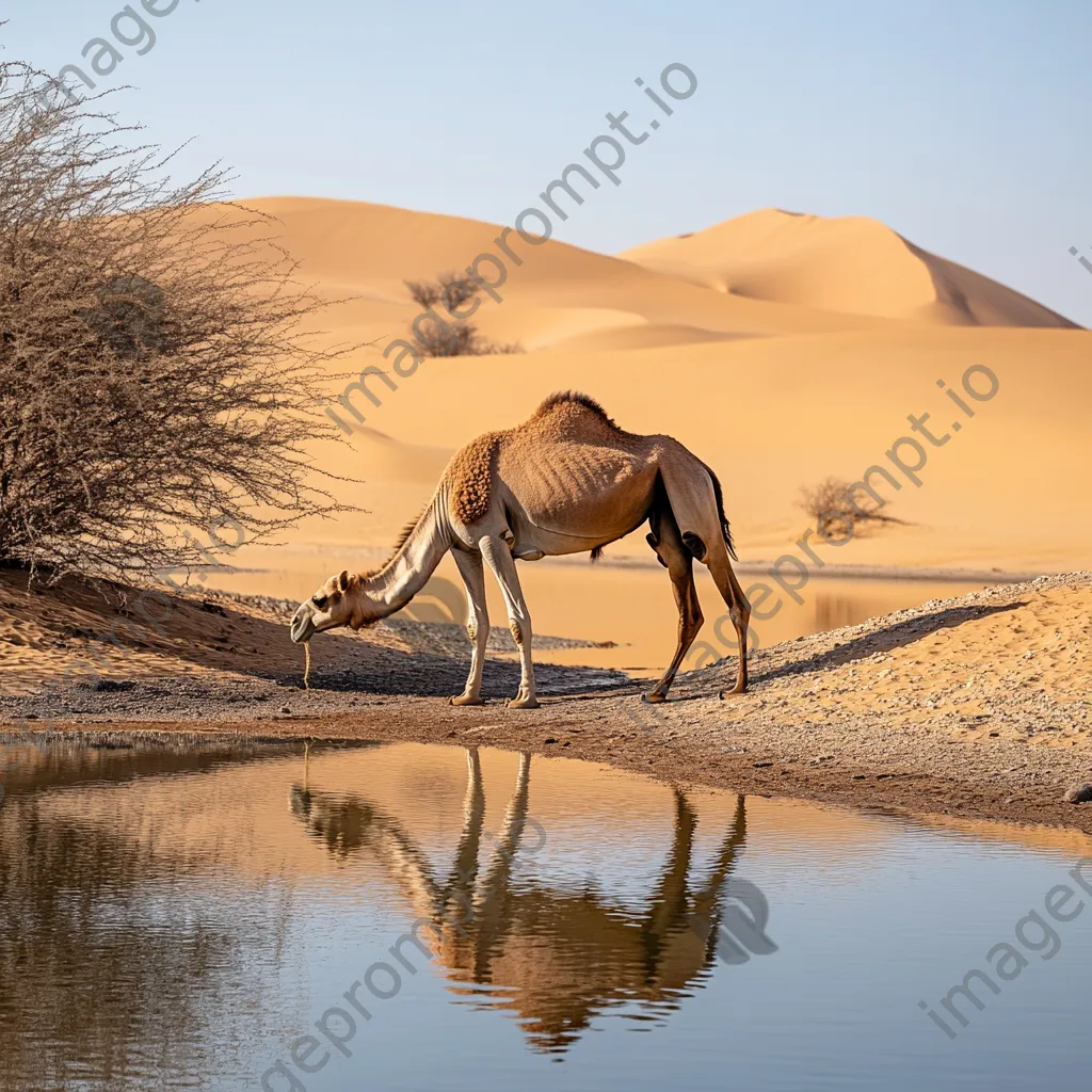 Camel drinking water from an oasis in the desert - Image 4