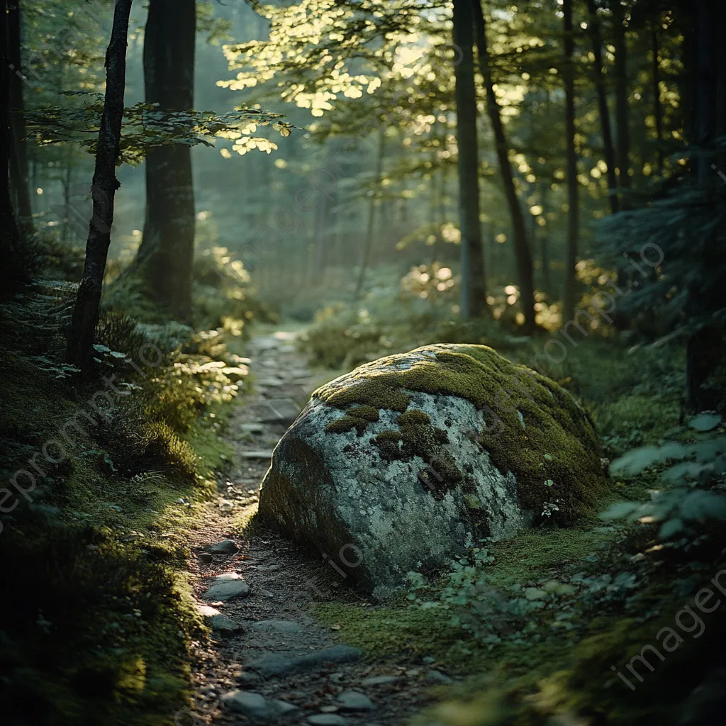 Forest path bending around a moss-covered boulder - Image 1