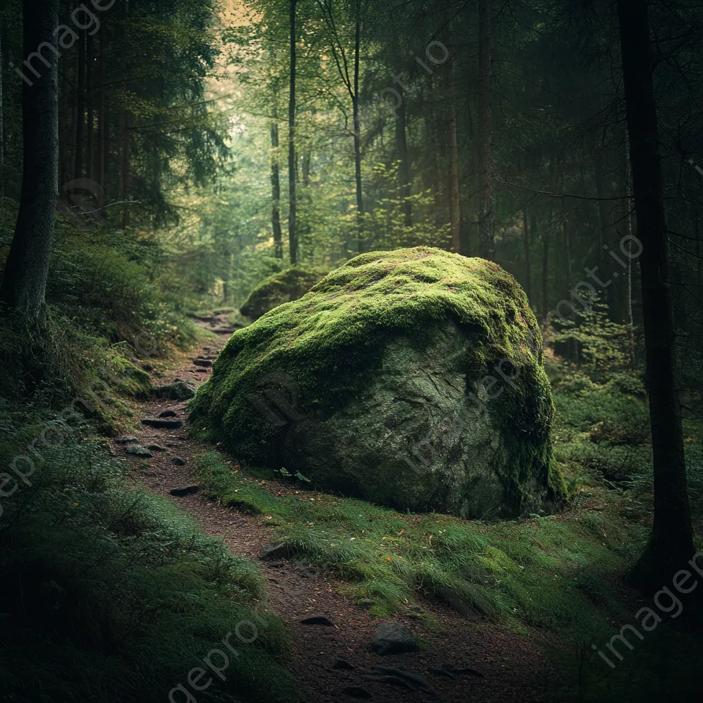 Forest path bending around a moss-covered boulder - Image 2