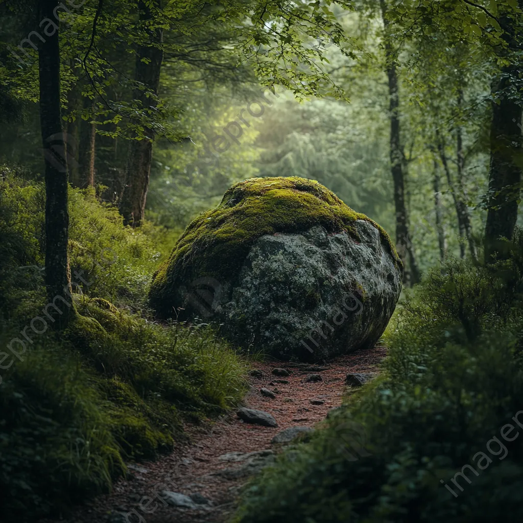 Forest path bending around a moss-covered boulder - Image 3