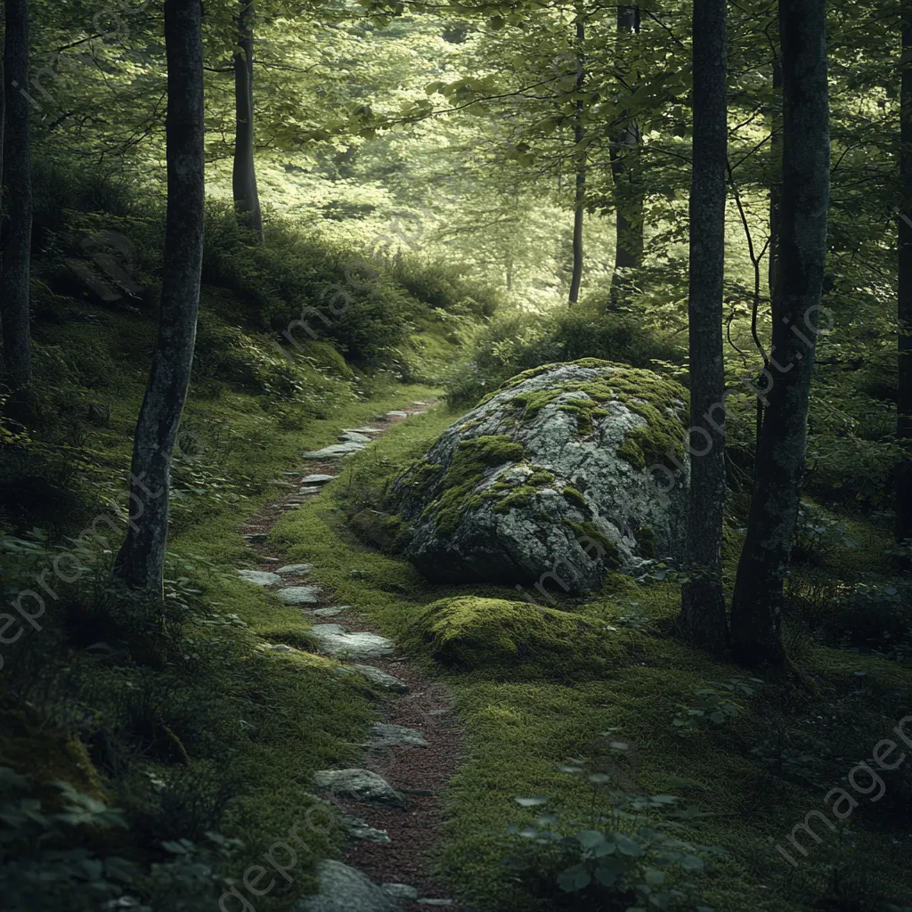 Forest path bending around a moss-covered boulder - Image 4