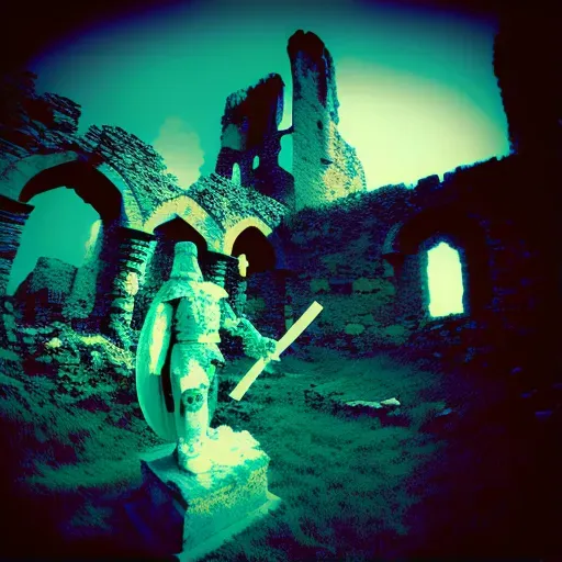 Ghostly knight with a glowing sword standing in castle ruins - Image 1