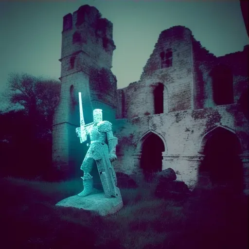 Ghostly knight with a glowing sword standing in castle ruins - Image 3