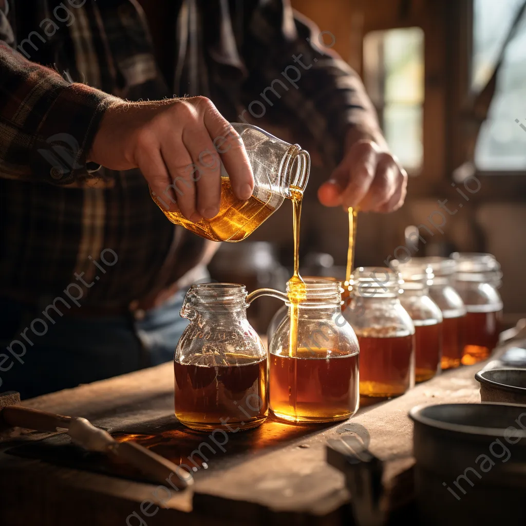 Farmer filling glass bottles with maple syrup under soft lighting - Image 2