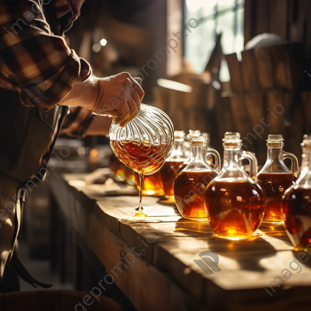 Farmer filling glass bottles with maple syrup under soft lighting - Image 3