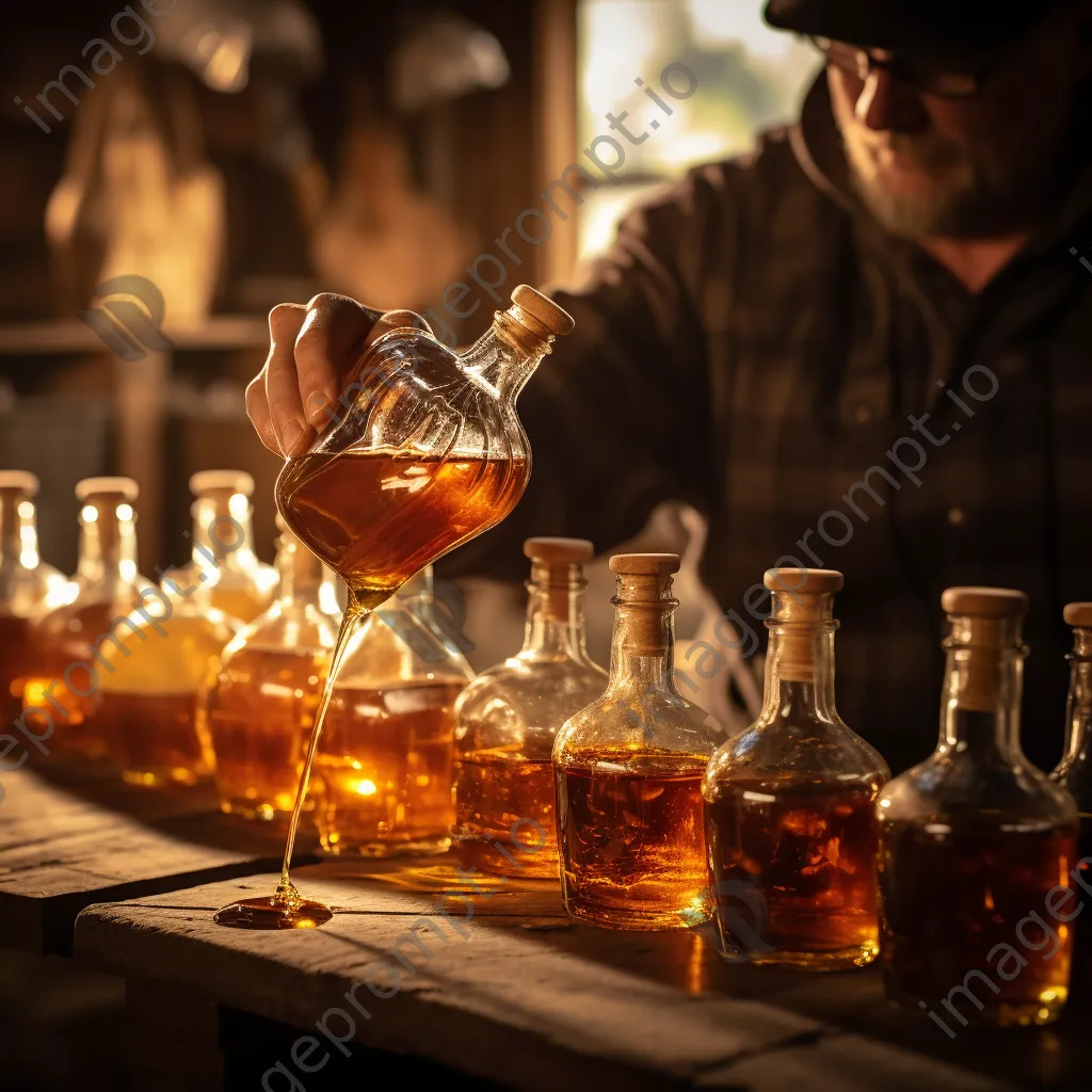 Farmer filling glass bottles with maple syrup under soft lighting - Image 4