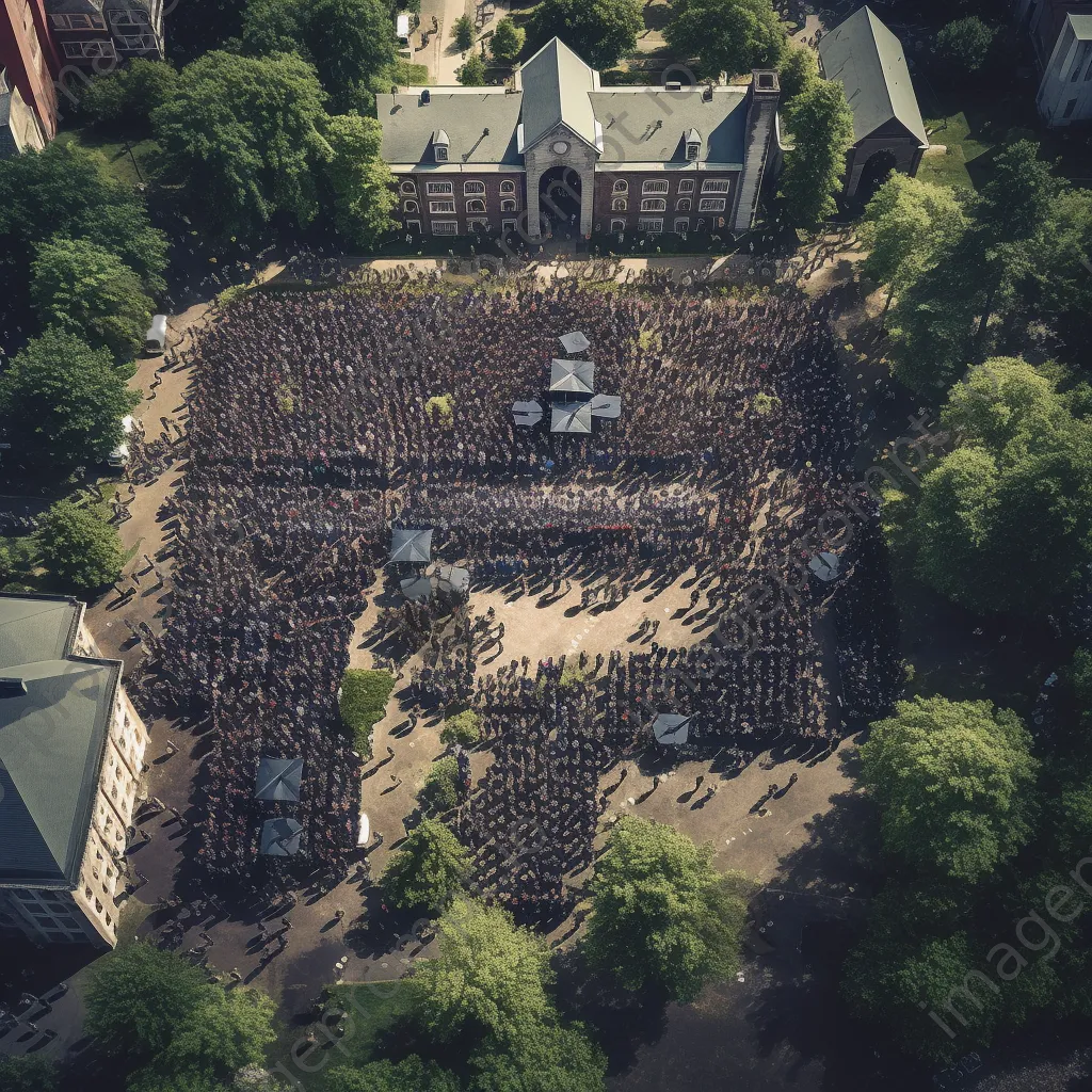 Aerial view of graduation ceremony with attendees on campus - Image 1