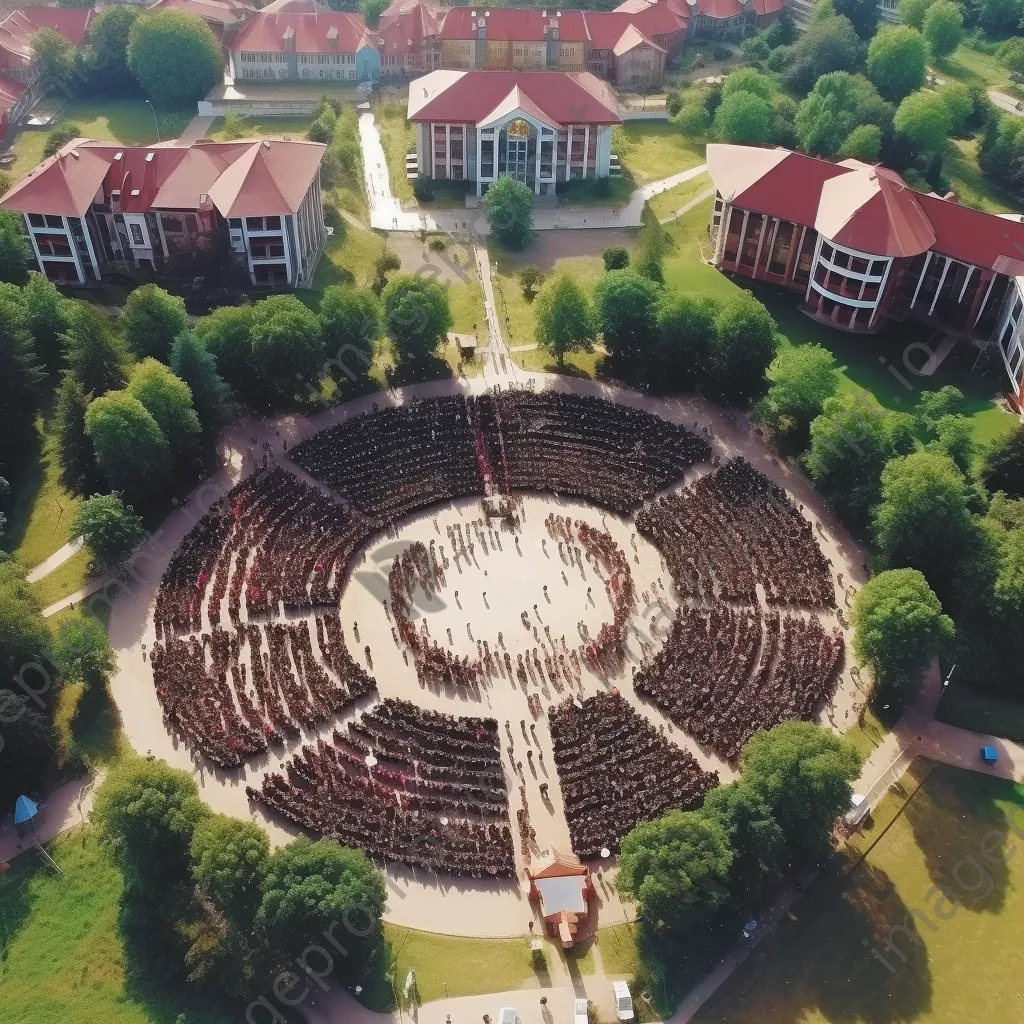 Aerial view of graduation ceremony with attendees on campus - Image 2