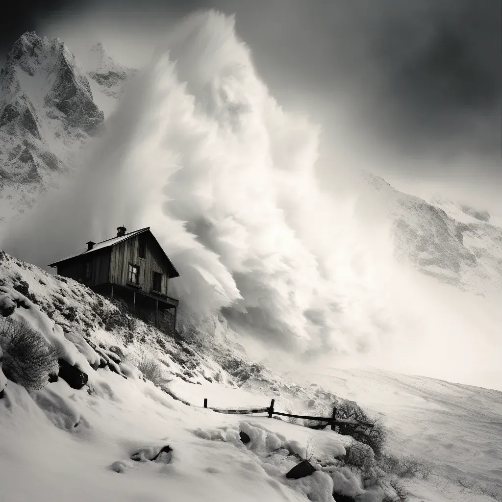 Avalanche thundering down a mountain slope towards a tiny cabin - Image 1