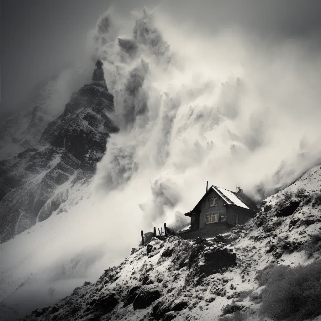 Avalanche thundering down a mountain slope towards a tiny cabin - Image 2