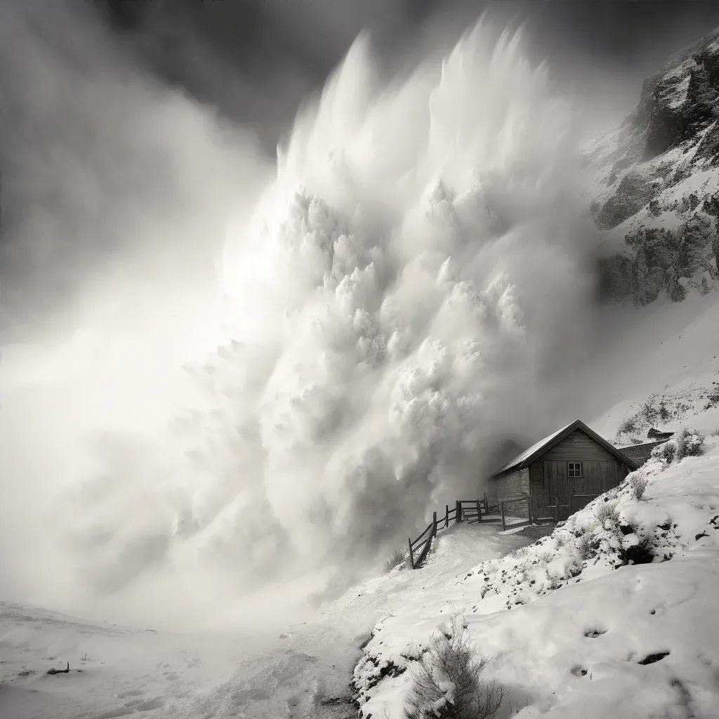 Avalanche thundering down a mountain slope towards a tiny cabin - Image 4