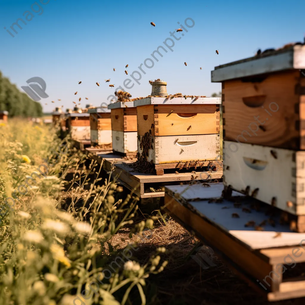Vintage beehives set against a clear blue sky, highlighting artisanal details. - Image 1
