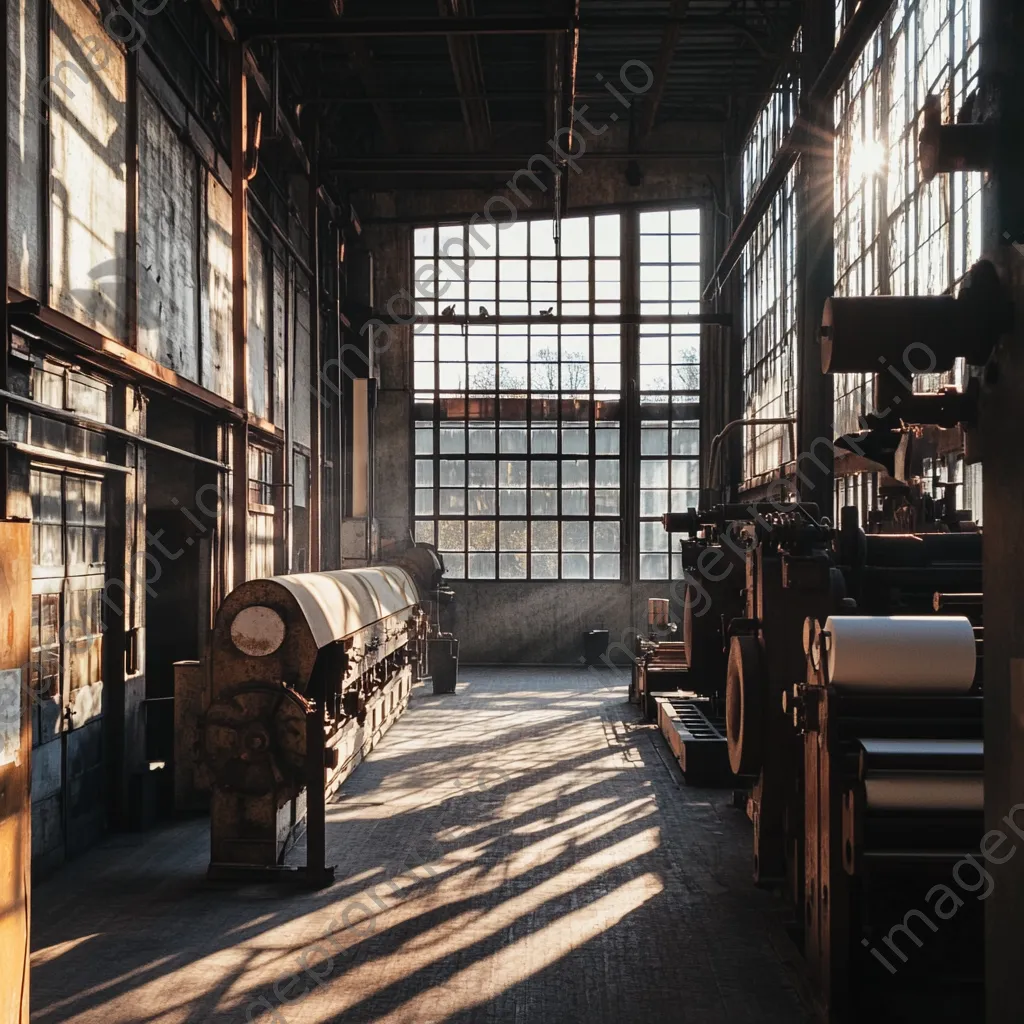 Wide shot of a vintage paper mill with sunlight filtering through. - Image 1