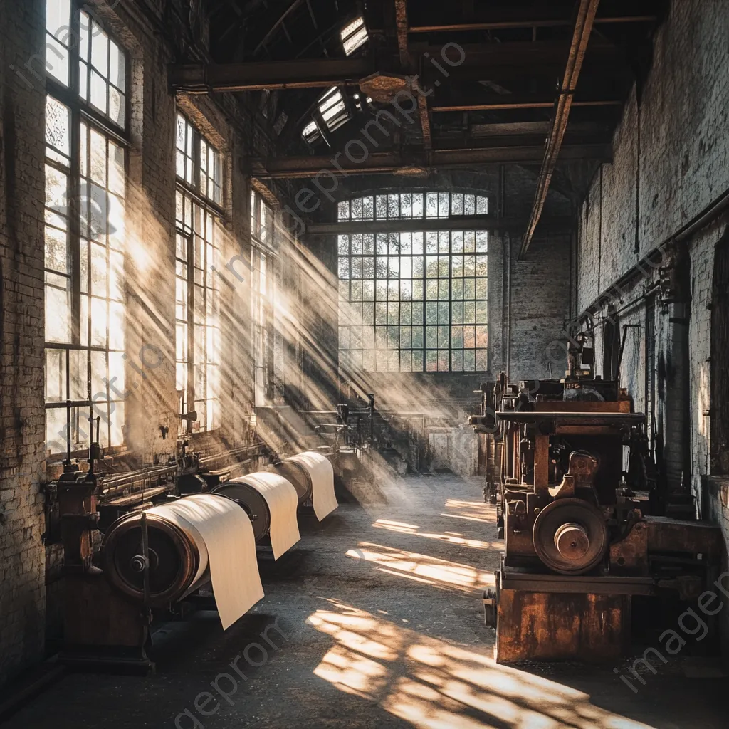 Wide shot of a vintage paper mill with sunlight filtering through. - Image 2