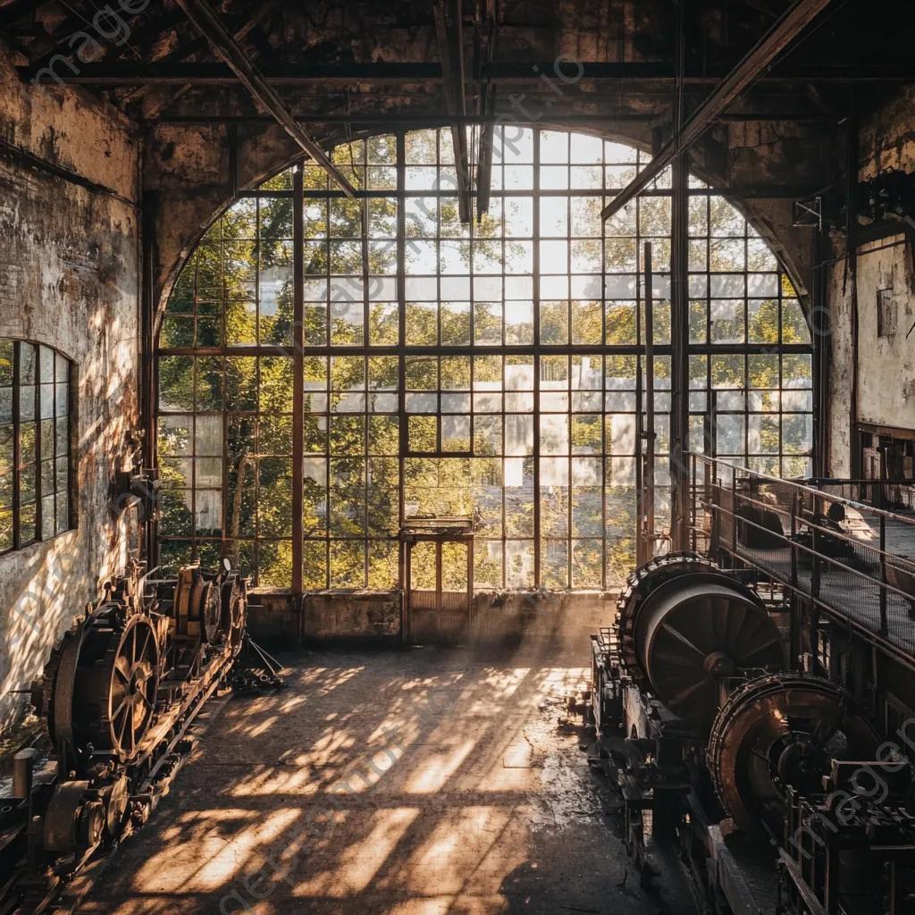 Wide shot of a vintage paper mill with sunlight filtering through. - Image 4