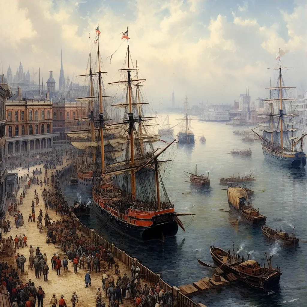 Aerial view of a bustling harbor with ships docked and in motion - Image 3