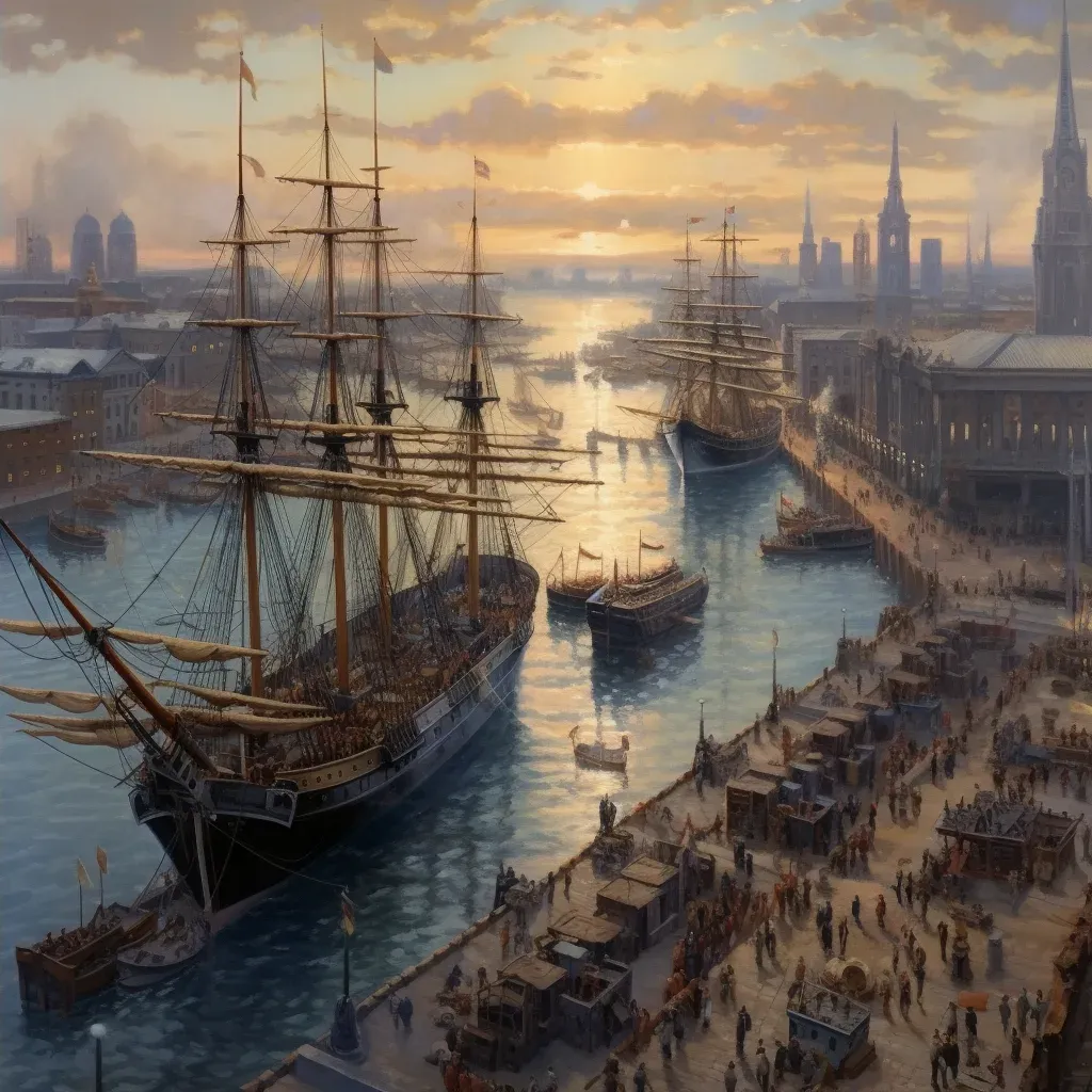 Aerial view of a bustling harbor with ships docked and in motion - Image 4