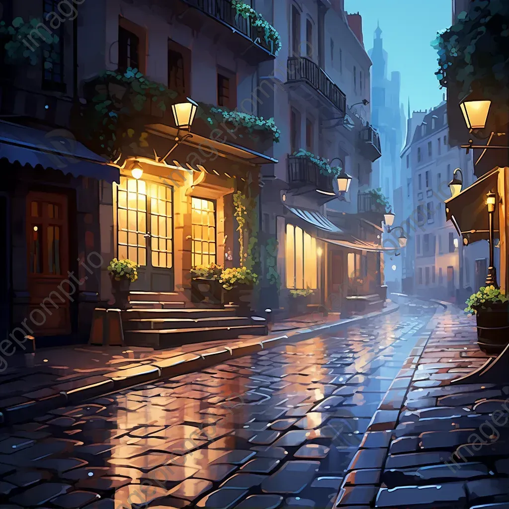 Low poly digital art of a Parisian alleyway during rainfall - Image 1