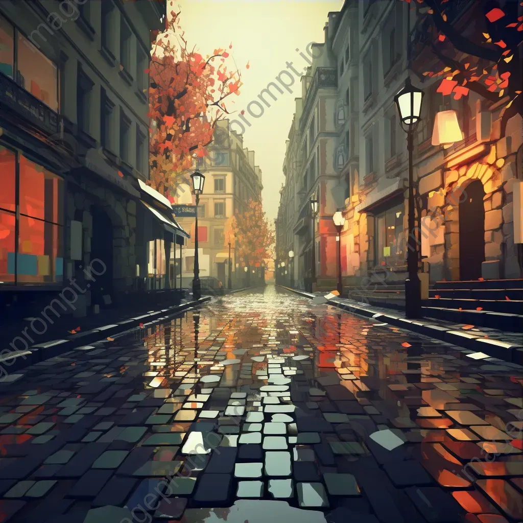 Low poly digital art of a Parisian alleyway during rainfall - Image 3