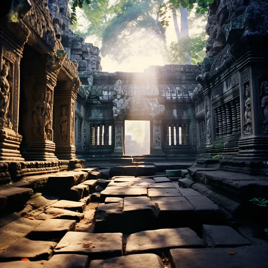 Intricate carvings at Angkor Wat temple at sunrise - Image 2