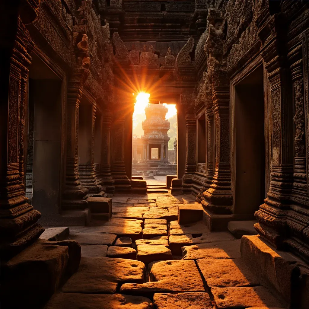 Intricate carvings at Angkor Wat temple at sunrise - Image 4