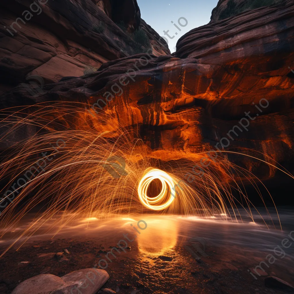 Light trails from spinning steel wool in a canyon landscape. - Image 3