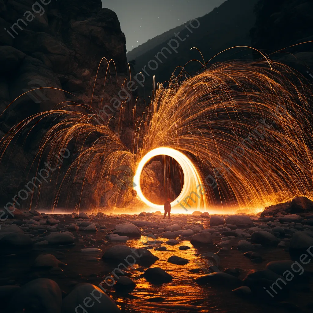 Light trails from spinning steel wool in a canyon landscape. - Image 4