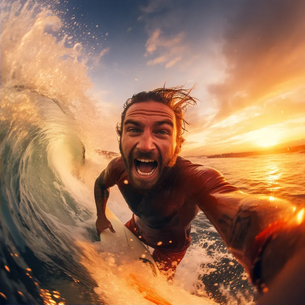 Surfer riding a massive wave at sunset - Image 2