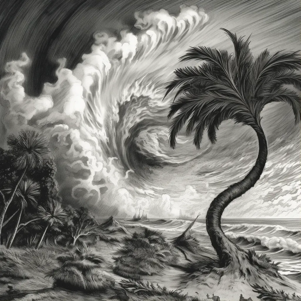 Powerful cyclone moving towards a tropical island, with palm trees bending in the strong winds - Image 1